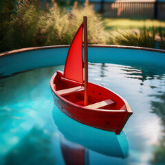  oil painting style red wooden children's boat is sailing in a small children's pool illustration