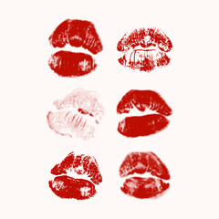 Kiss prints. Set of different lips. Mixed media, vector design, postcard, illustration
