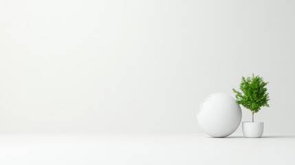 Minimalist White Room Scene with Plant and Sphere
