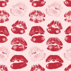 Kiss prints of different lips. Mixed media, vector design, seamless pattern, background