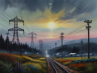 Dystopian Future Suburban Landscape Rural Area with Flowers Watercolor Concept Art