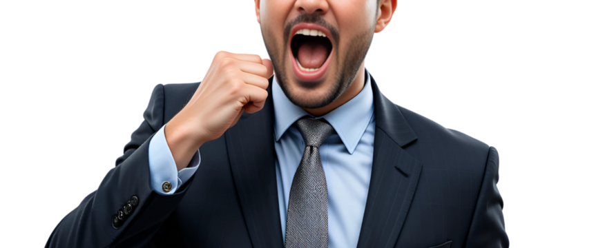 A furious businessman with an open mouth is screaming angrily at the camera, his face a mask of mad expression