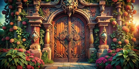 Obraz premium Ornate Old Wooden Gates with Intricate Carvings and Floral Decor - Stock Photo