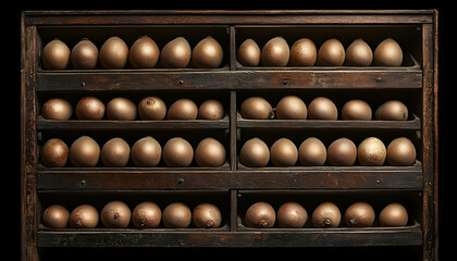 A rustic wooden shelf displays neatly arranged brown eggs, showcasing an artisanal collection