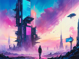 Utopian Paradise of the Future City - Cyberpunk Neon Retrowave Colors Cityscape