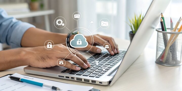 Cloud Security with Digital File Protection. Person using laptop with a secure cloud icon, representing data protection, cybersecurity, and secure digital file management.
