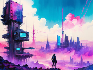 Utopian Paradise of the Future City - Cyberpunk Neon Retrowave Colors Cityscape