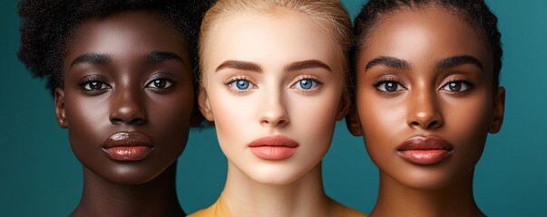 Obraz premium Three diverse models posing on turquoise background