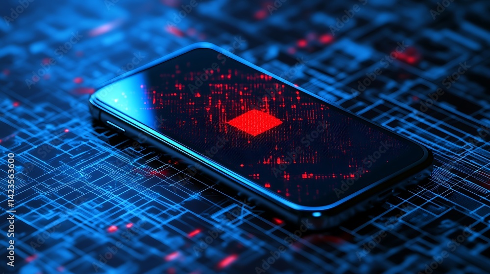 Poster smartphone on circuit board background showing digital data and connectivity
