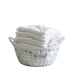 Obraz premium Wicker basket with a stack of clothes on a white background