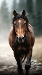 Obraz premium Majestic brown horse strides confidently through misty forest landscape in the early morning light