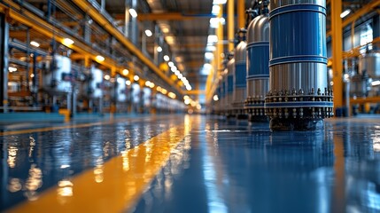 A visual journey through alkaline electrolysis, a clean energy production process where electricity breaks down water into hydrogen and oxygen in an industrial setting 