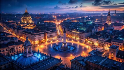 Night View of Piazza Colonna, Rome - Aerial Photography