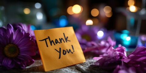 Expressing gratitude with a colorful note and flowers during a cozy gathering at night