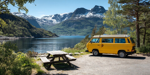 Yellow camper van parked near wooden picnic table overlooking fjord and snow-capped mountains, showcasing scenic travel and outdoor adventure