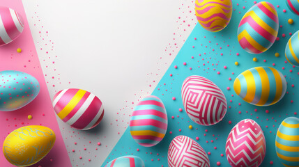 Obraz premium A cheerful and playful Easter-themed banner with pastel tones and geometric patterns. The background is diagonally divided into soft pink and turquoise blue, with a white central space