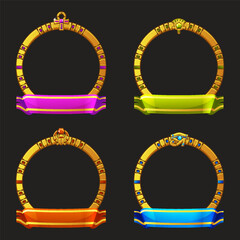 Round Frames in Egyptian themed with symbols - scarab, Ankh cross, lotus and Horus eye and colored ribbons. Avatar frames for game or App icons