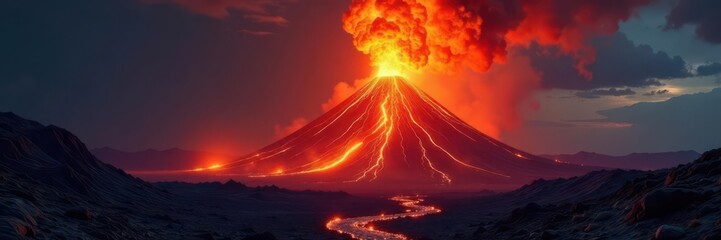 Fototapeta premium Isolated volcano erupting, massive lava explosion , lava, eruption, plume