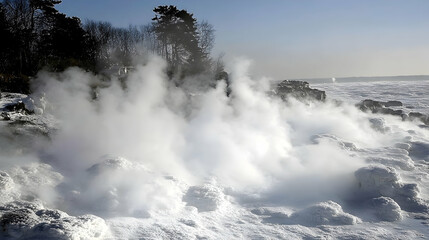 Fototapeta premium Steam rising from icy coastal waves in winter landscape