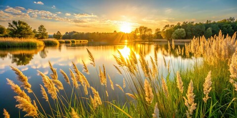 Fototapeta premium Golden Hour Riverside Meadow Photography: Serene Evening Grassland Scene