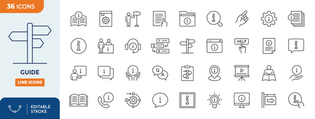 Guide icon set. Contains icons related to info, guide, information, instructions, and more. Outline Icon Collection. Vector illustration. Editable stroke	