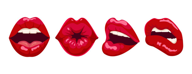 Set of red lips. Female lips with different emotions Vector design of mouth icons isolated on white background