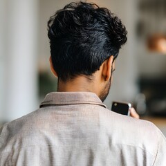 A man with a shaved head is holding a cell phone