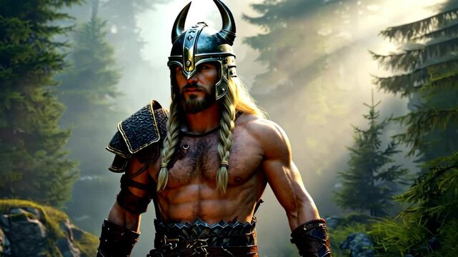 Muscular warrior with horned helmet and braided blond hair in a misty forest, medium shot