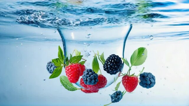 fresh berries in water splash