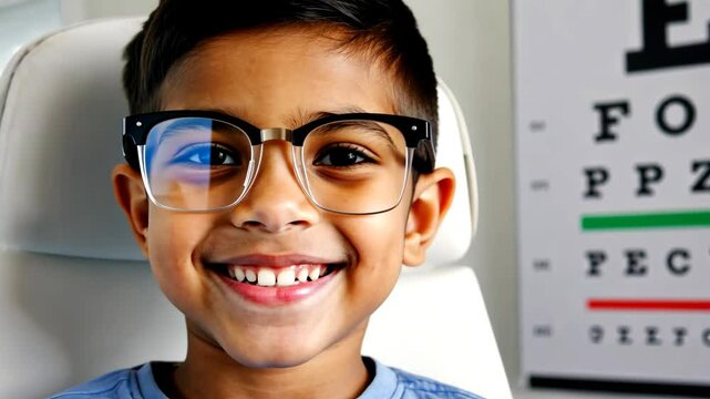 Smiling boy wearing glasses with an eye chart in the background