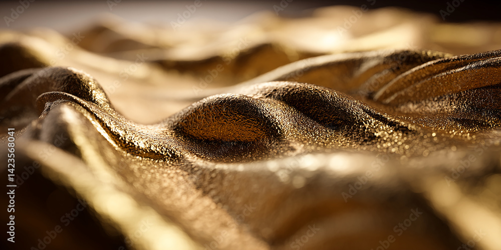 Poster close-up of golden textured fabric, undulating in soft waves, showcasing a luxurious and opulent aes