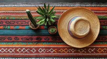 Colorful Mexican tabletop setup with a bright sombrero, tiny cacti, traditional serape blanket, and lively patterns.