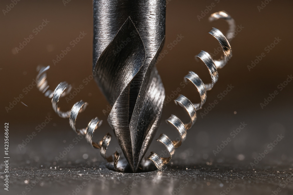 Poster close up view of lathe tool in shop showcasing intricate details of metal shavings being produced du
