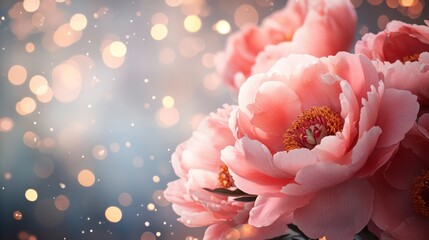 Pink peonies bokeh background floral greeting
