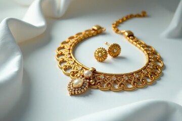 Elegant gold necklace, bracelet, and earrings set , classic, minimalist