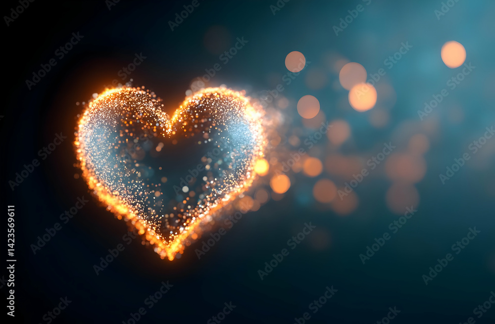 Poster a sparkling heart shape created with shimmering particles and lights, symbolizing love and affection