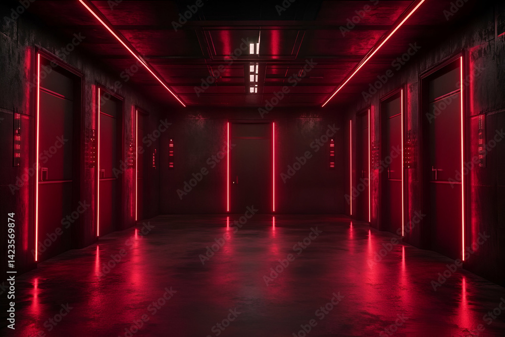 Poster a striking corridor featuring futuristic elevators illuminated by red neon lights, creating an invit