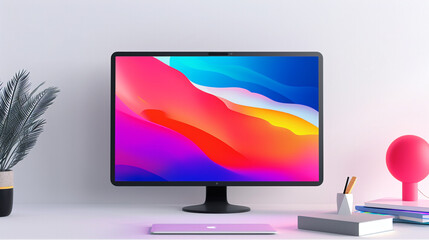 A vibrant, modern smart television displays a colorful abstract nebula image, positioned on a light wooden media console in a bright living space with potted plants