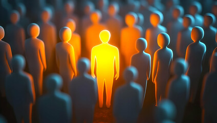 A striking visual depicting an individual illuminated among a crowd, symbolizing uniqueness, individuality, and standing out in society.