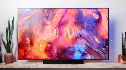 A vibrant, modern smart television displays a colorful abstract nebula image, positioned on a light wooden media console in a bright living space with potted plants