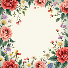 Fototapeta premium Elegant Floral Frame with Roses and Daisies on Cream Background.