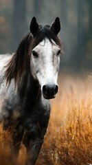 Majestic gray horse standing in a golden field during autumn with soft light illuminating its features