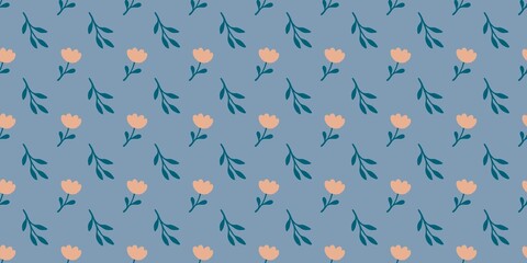 . Seamless pattern with hand-drawn pastel flowers and green leaves on blue backgrounds, perfect for textile, packaging, wallpaper, wrapping paper and digital desi
