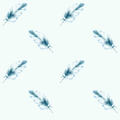 Seamless pattern of bird blue feathers on light background