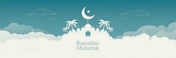 Naklejka premium A Traditional and Spiritual Ramadan-Themed Illustration Featuring a Crescent Moon a Star a Mosque and Palm Trees Against a Serene Sky with Clouds and the Text Ramadan Mubarak in an Elegant Simple Font