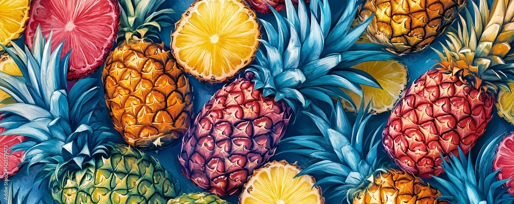 Poster colorful pineapples and lemon slices forming a tropical and refreshing background