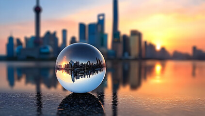 A stunning skyline reflection captured through a crystal ball during sunset, showcasing the architectural beauty of the city against a vibrant sky.