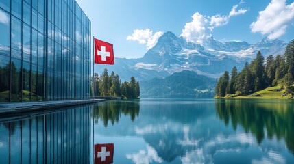 Modern glass building with Swiss flag reflecting on alpine lake, representing financial stability, banking security and Swiss precision in architecture.