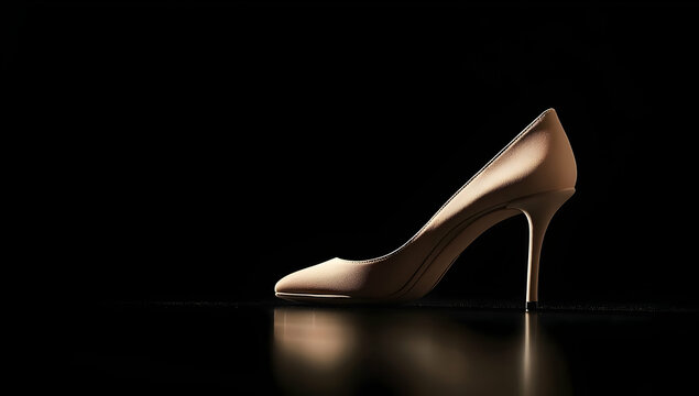 A stylish high-heeled shoe in soft beige tones, elegantly showcased against a dark background, highlighting its sleek silhouette and graceful design.
