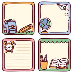 School planner stickers with note frames globe backpack pencil and book icons for digital planning or journaling